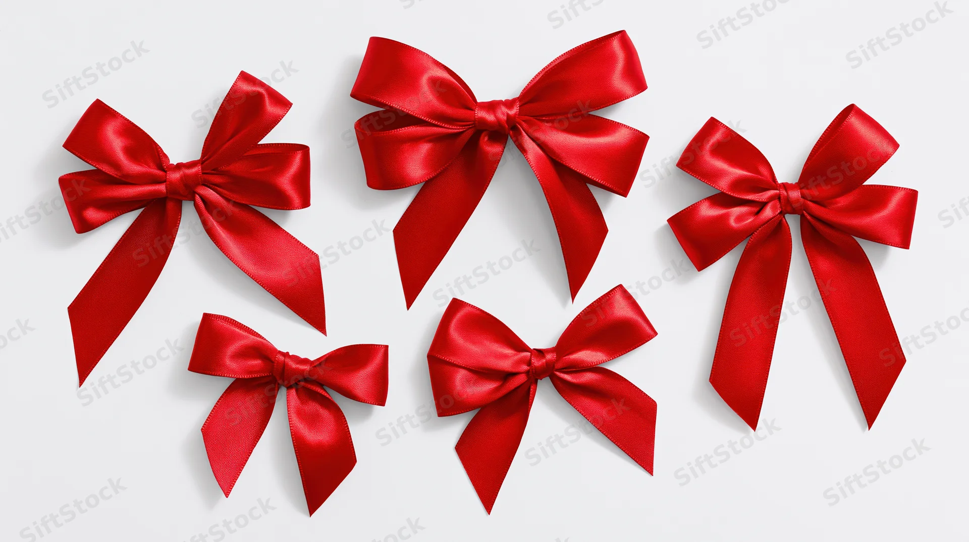 Five red satin ribbon bows arranged in flat lay on white background