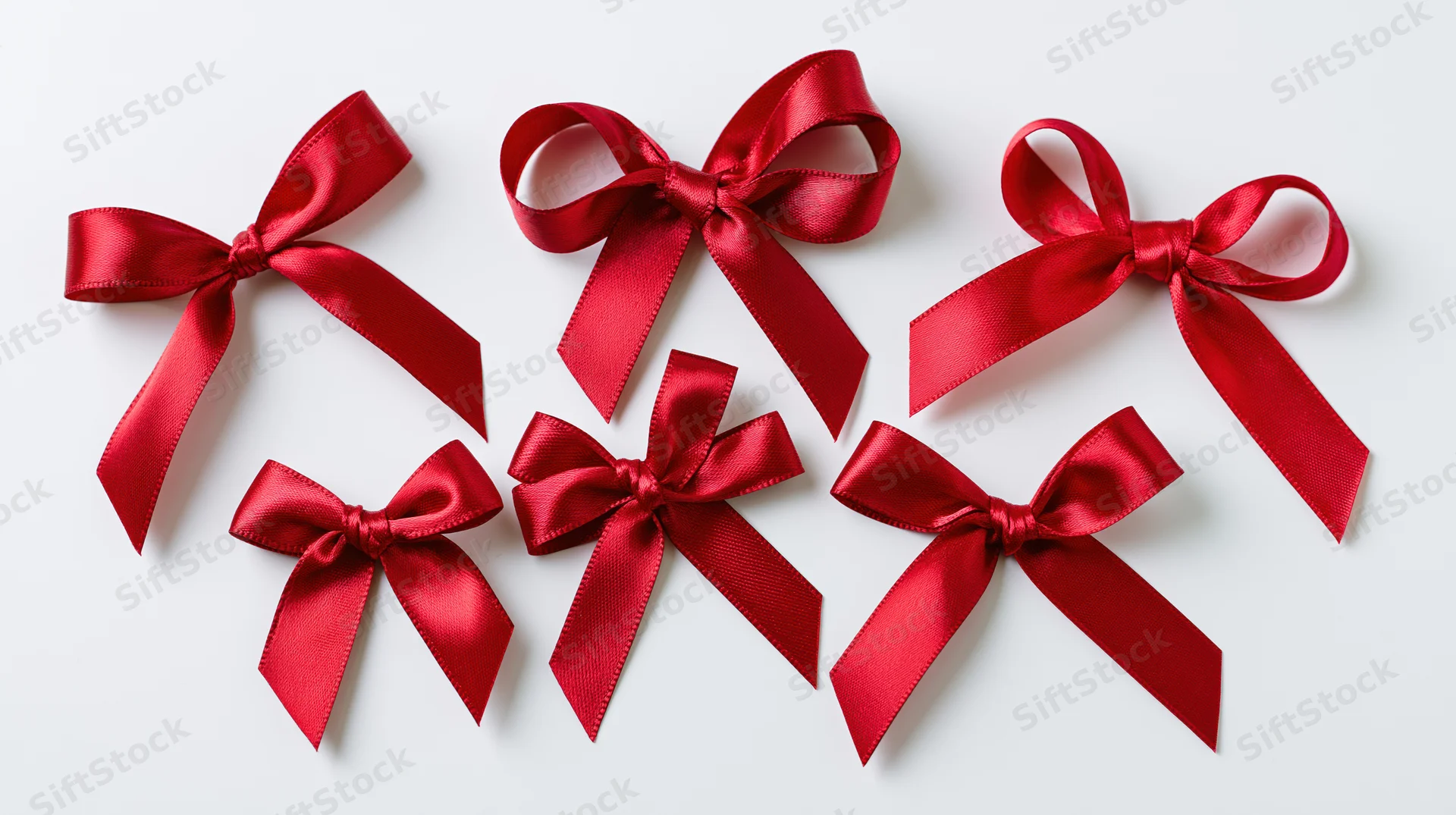 Six red satin ribbon bows arranged in a flat lay on white background