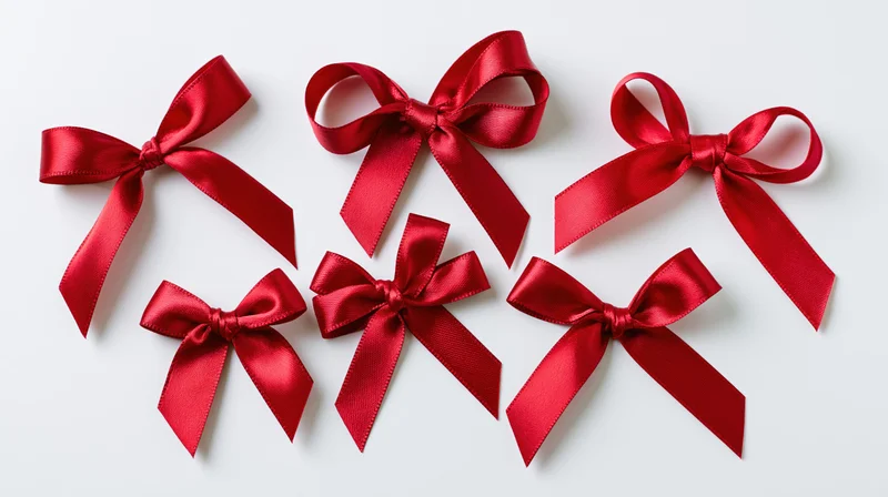Six red satin ribbon bows arranged in a flat lay on white background