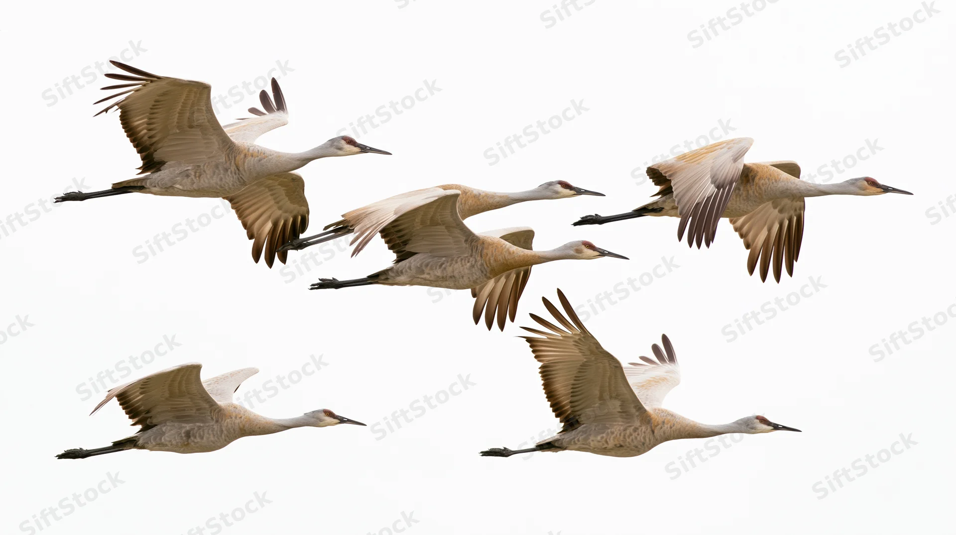 Five sandhill cranes in mid-flight with wings fully spread against white background