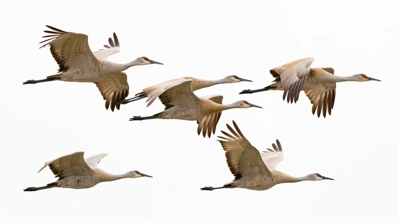 Five sandhill cranes in mid-flight with wings fully spread against white background
