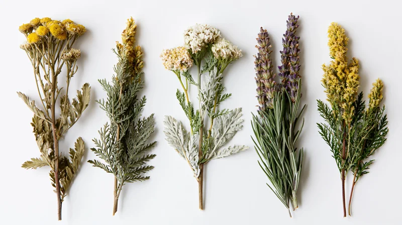 Five dried herb specimens arranged side by side on white background