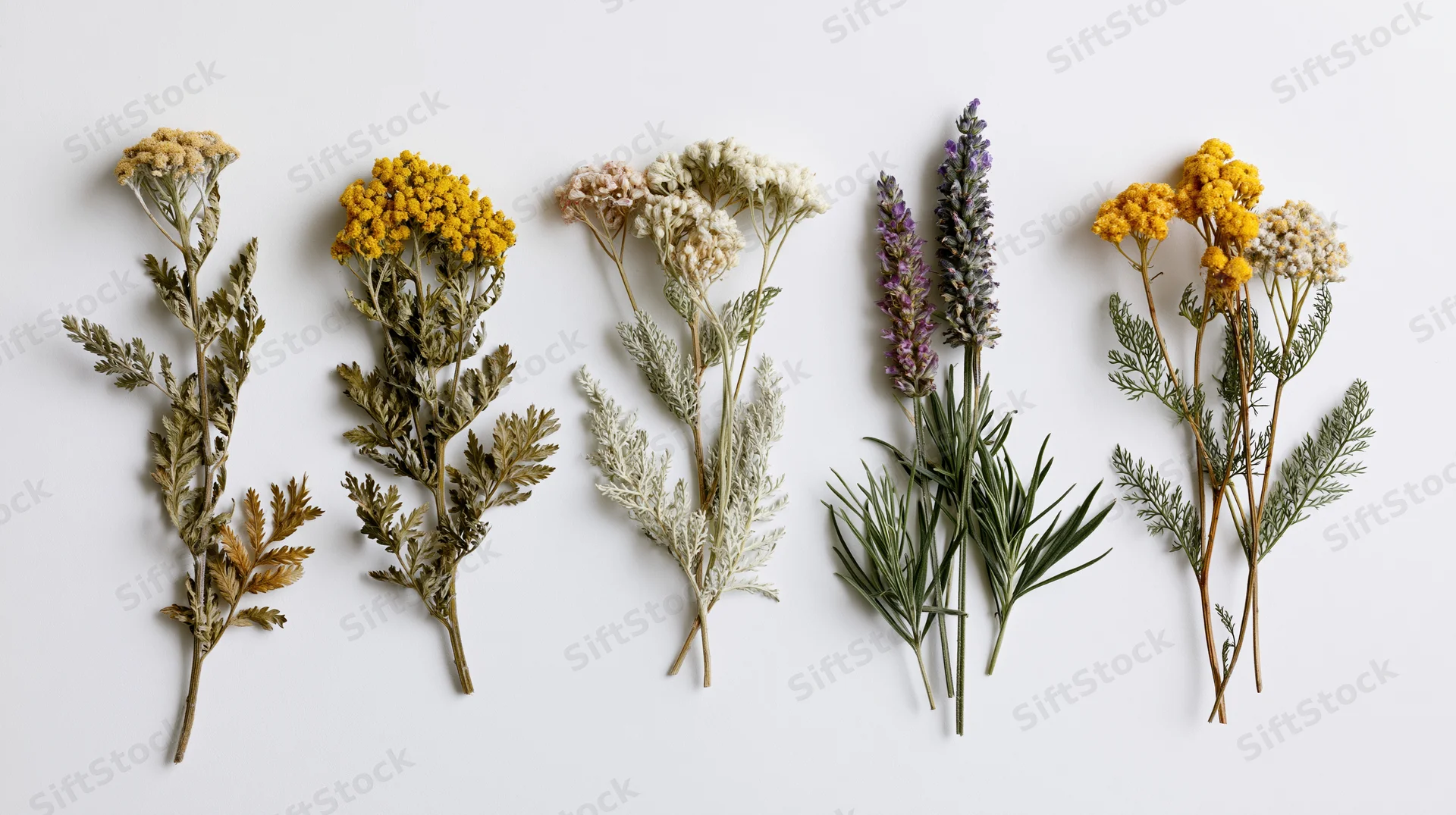 Five dried wild meadow herb specimens arranged side by side on white background