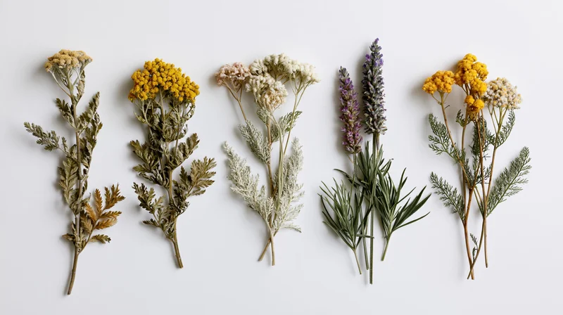 Five dried wild meadow herb specimens arranged side by side on white background