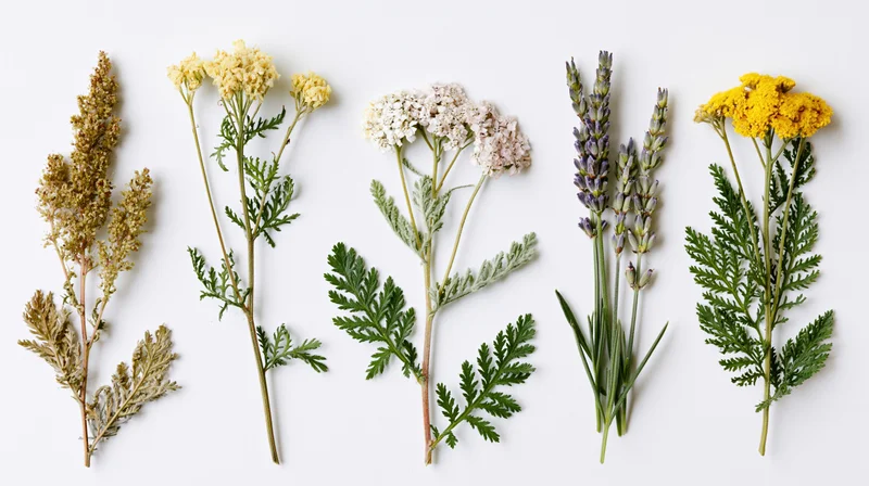 Five dried wild meadow herb specimens arranged side by side on white background