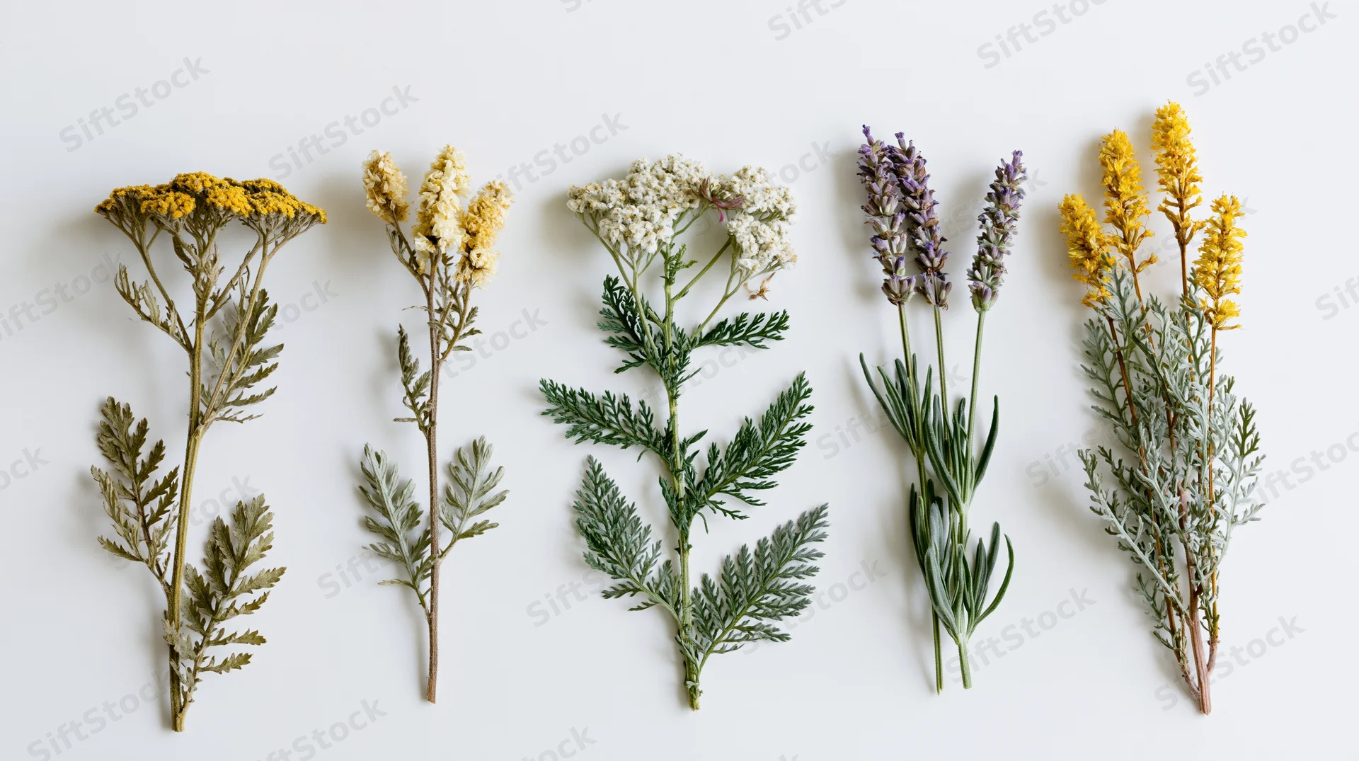 Five dried wild meadow herb specimens arranged side by side on white background