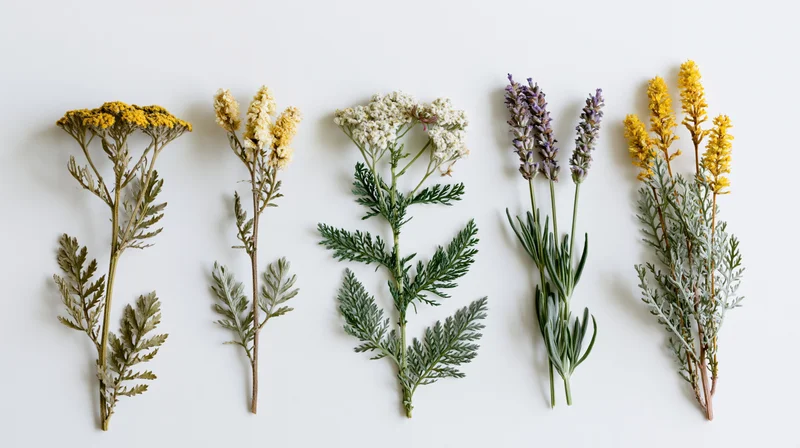 Five dried wild meadow herb specimens arranged side by side on white background
