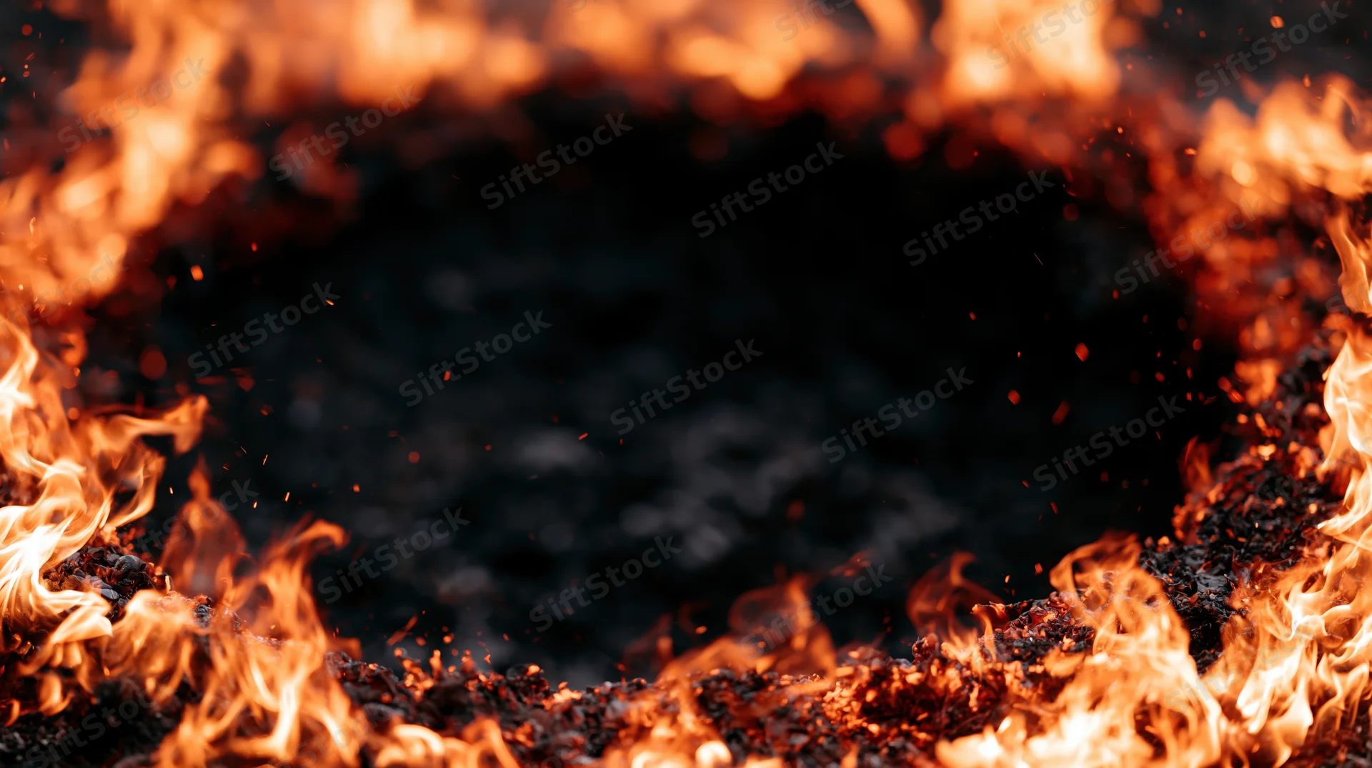 Flames forming a ring around a dark center with sparks and glowing embers