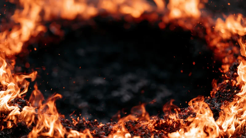 Flames forming a ring around a dark center with sparks and glowing embers