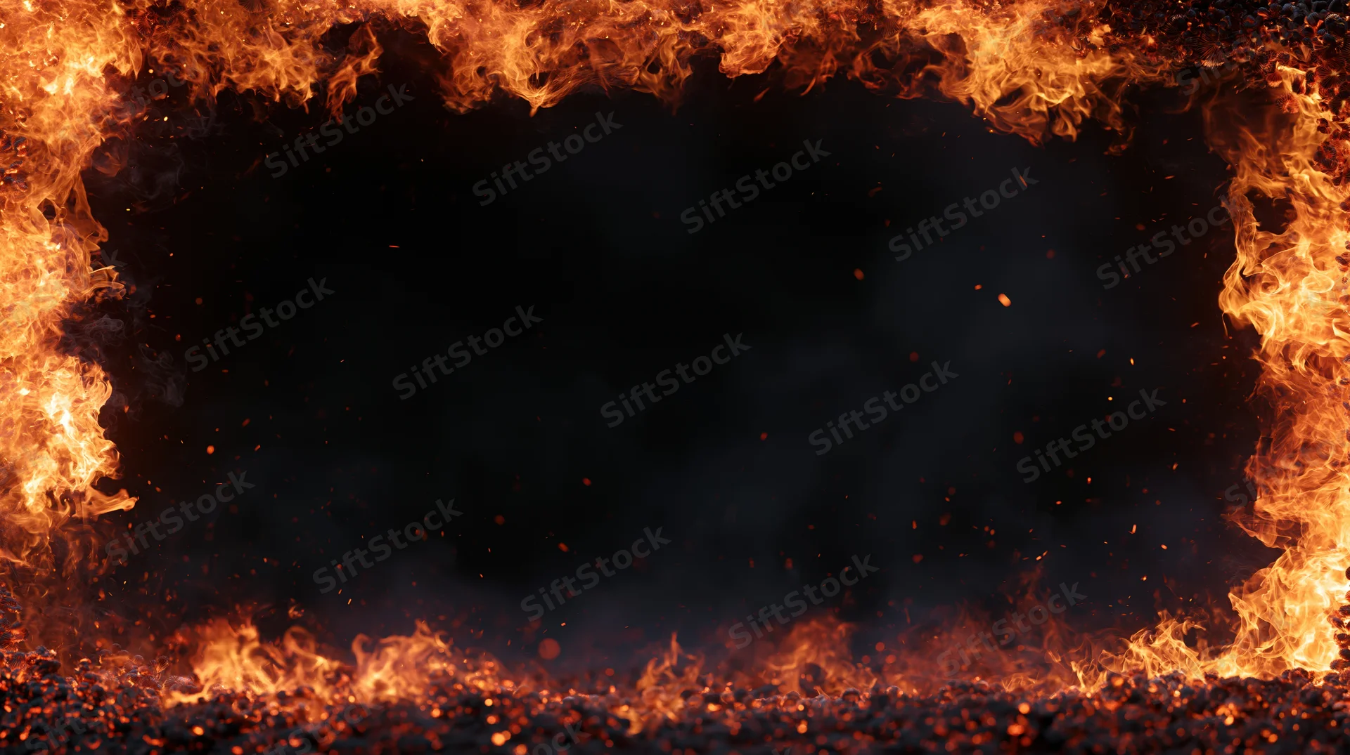 Flames and glowing embers forming a border around a dark central space