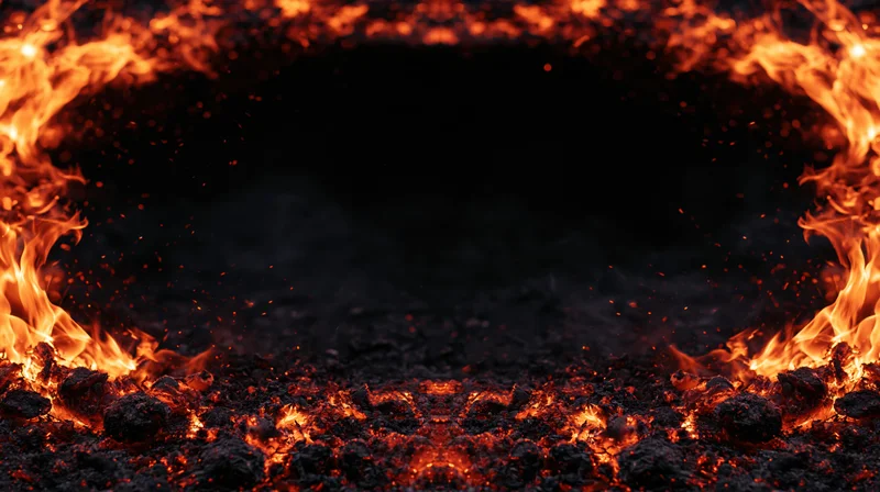 Flames and glowing embers forming a ring around a dark central space