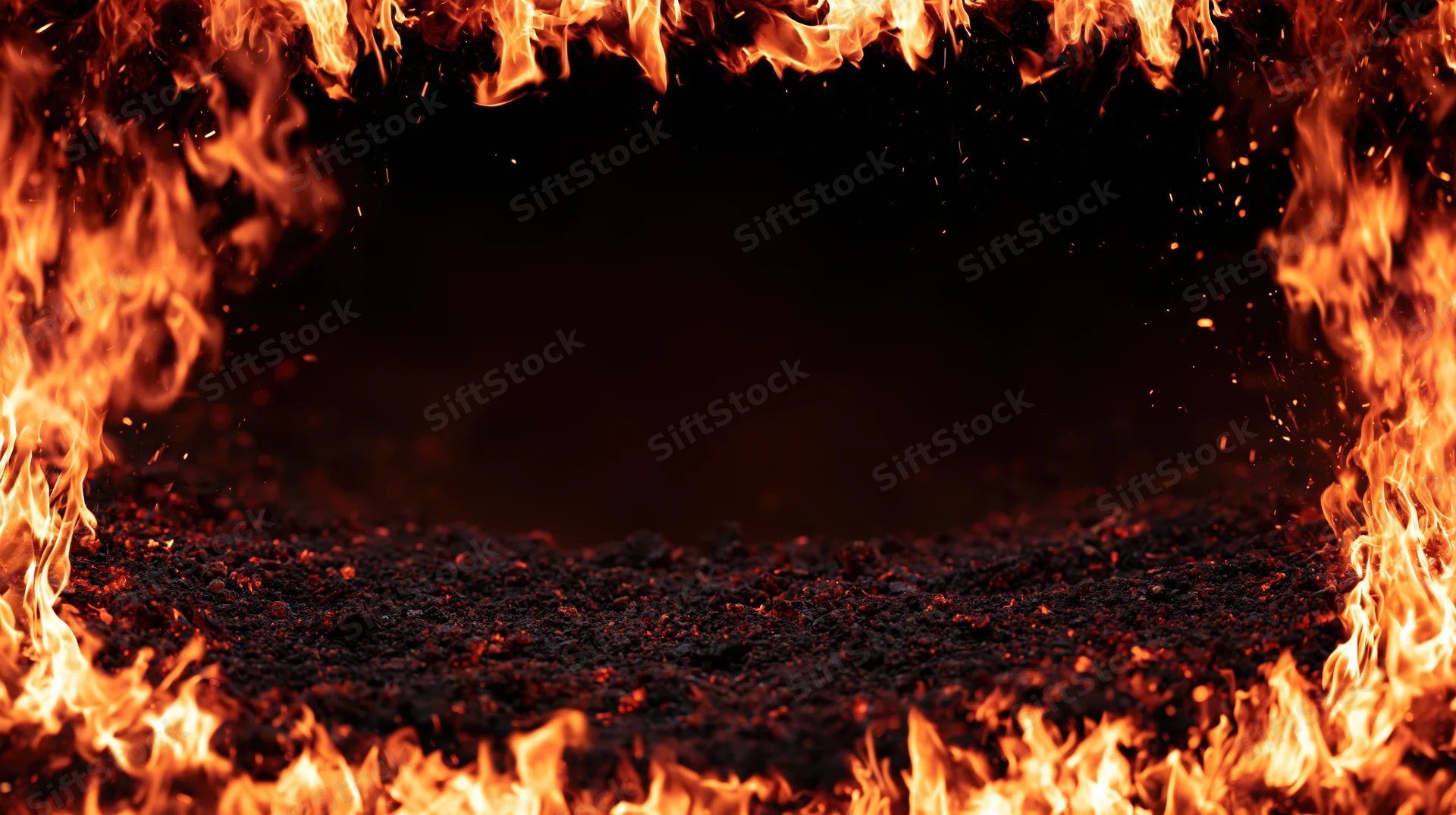 Flames and glowing embers forming a circular border around a dark central space