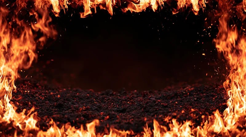 Flames and glowing embers forming a circular border around a dark central space