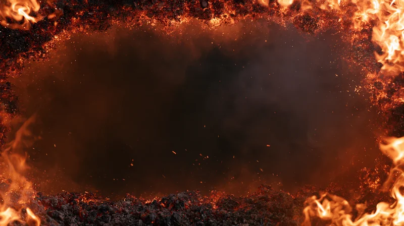 Flames and glowing embers forming a circular border around a dark central void