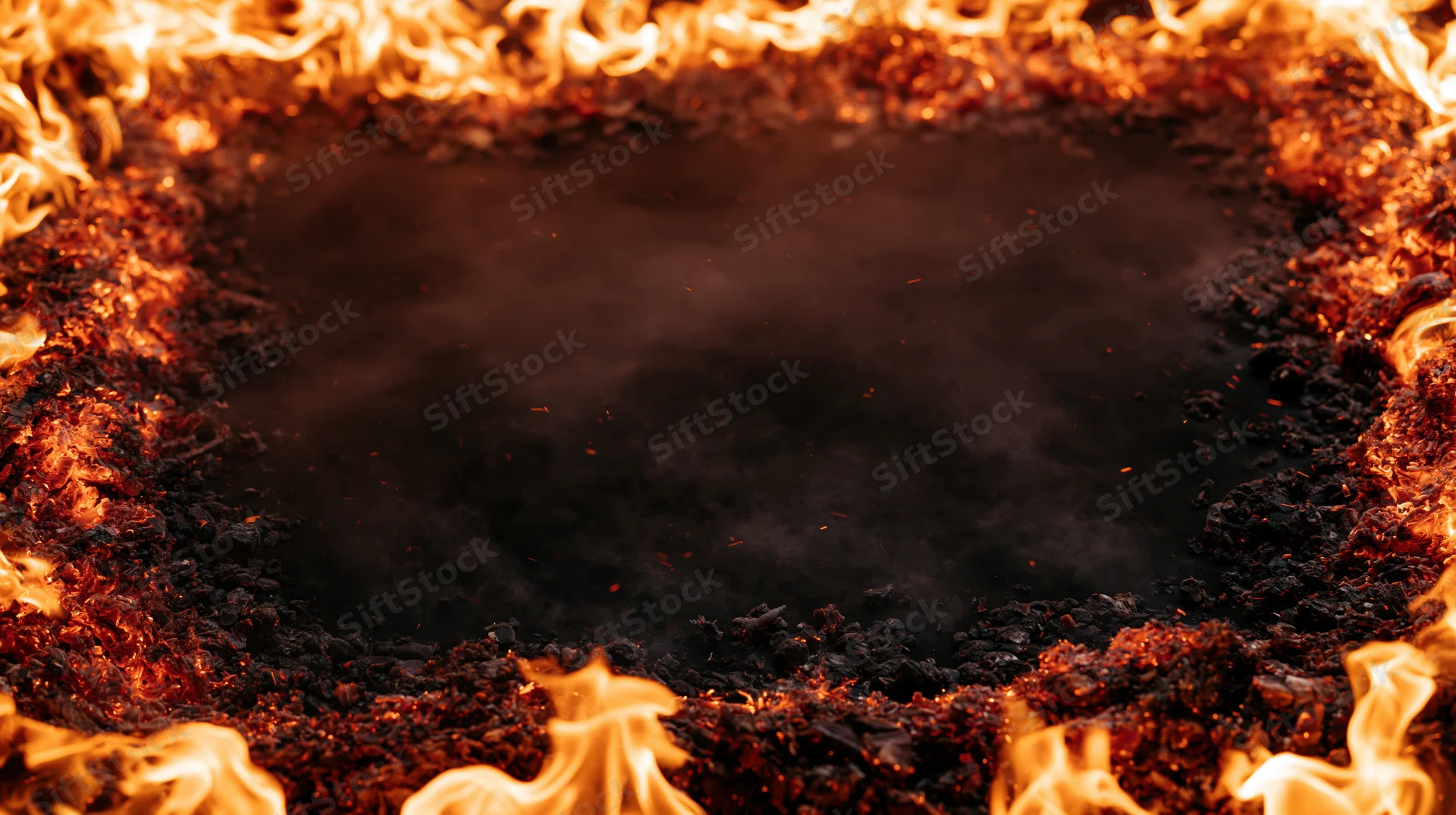 Heart-shaped ring of flames and glowing embers framing a dark smoky center