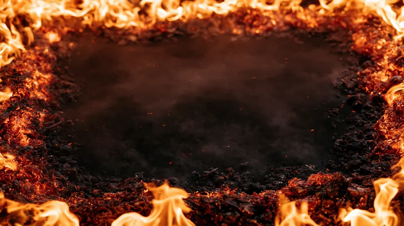 Heart-shaped ring of flames and glowing embers framing a dark smoky center