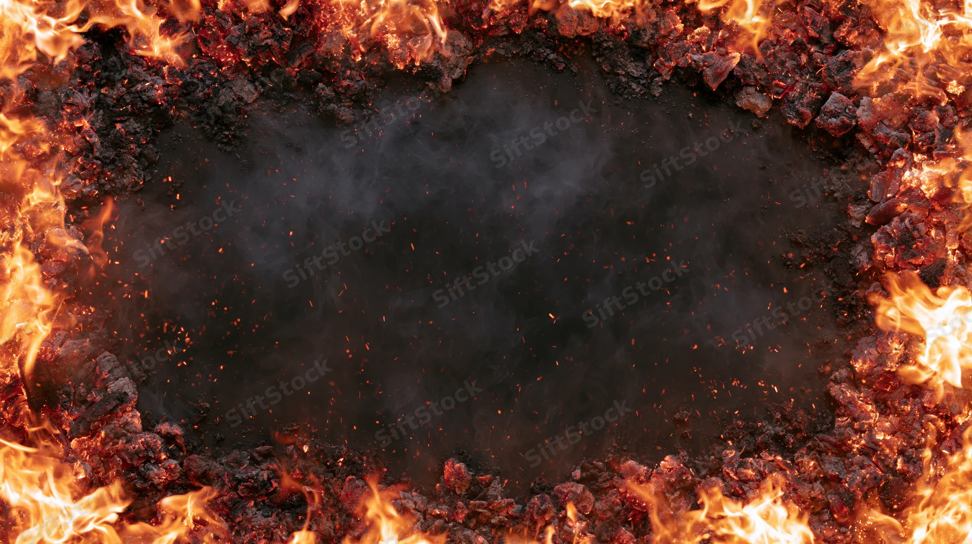 Flames and glowing embers forming a circular border around a dark smoky center