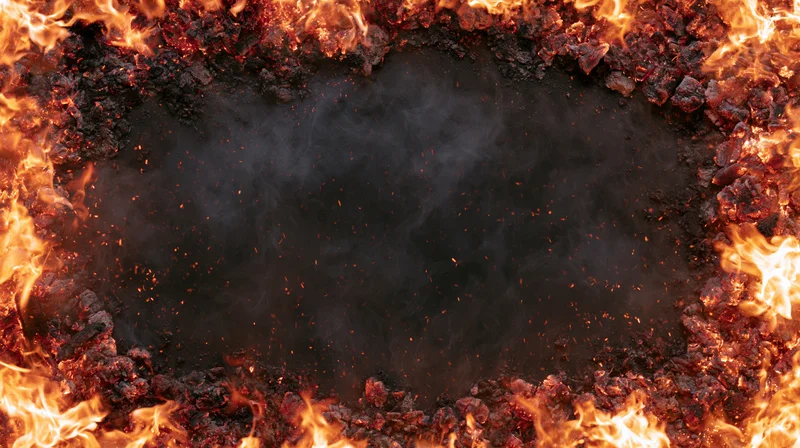 Flames and glowing embers forming a circular border around a dark smoky center