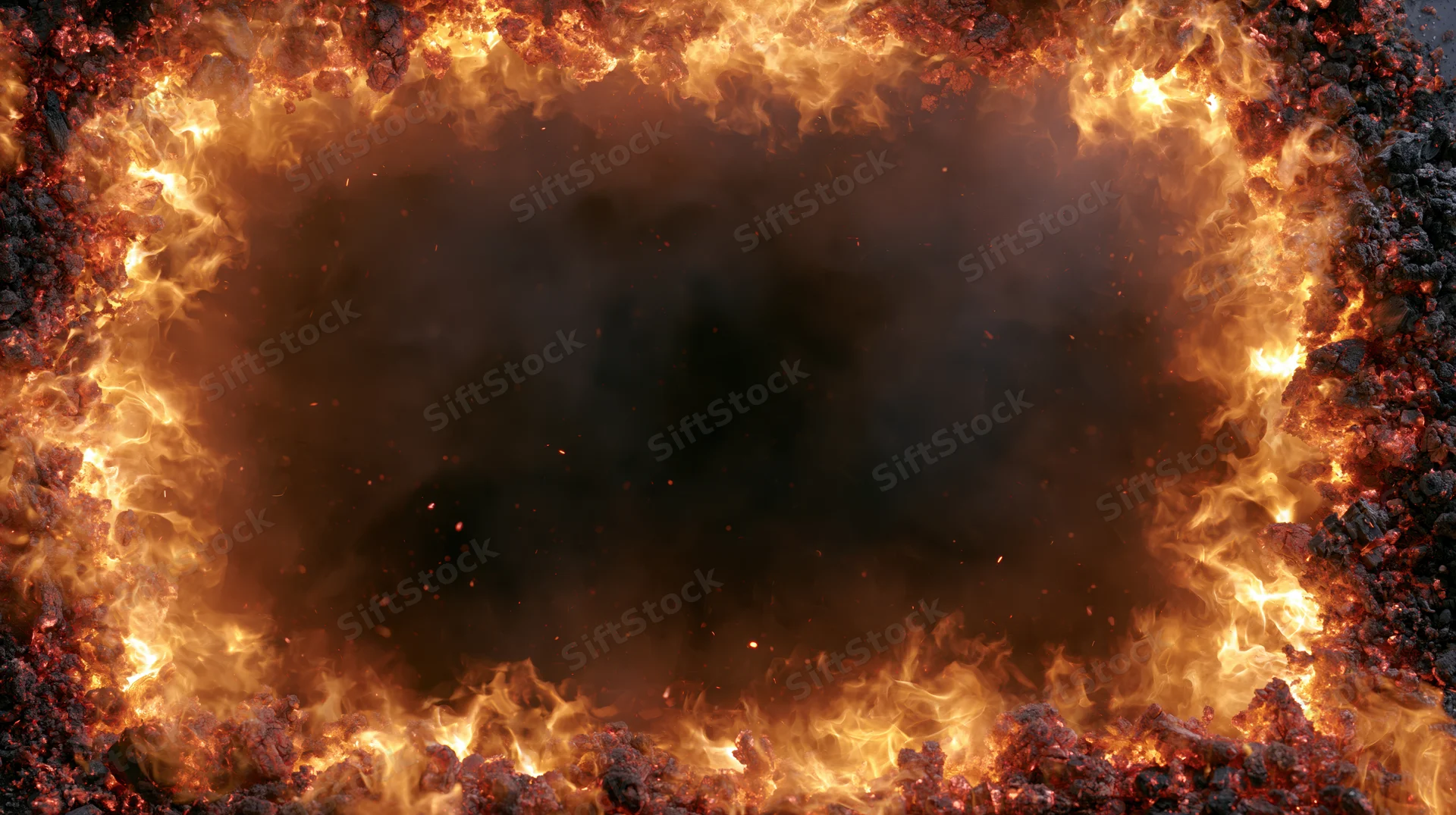 Fiery flames and glowing embers forming a burning border around a dark center