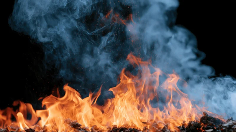 Flames and rising smoke burning against a black background