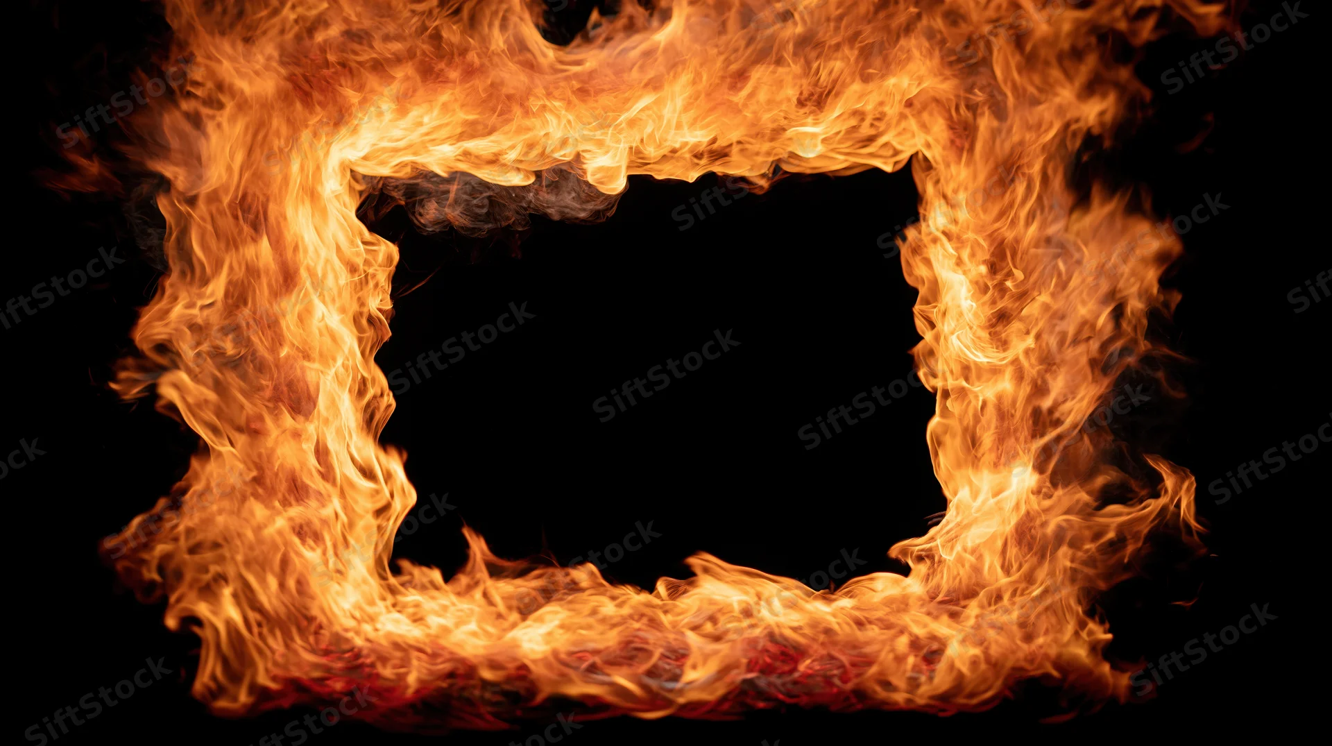 Flames forming a rectangular border around a hollow black center