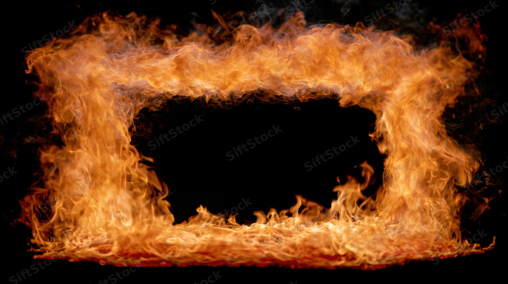 Flames forming a rectangular border around a hollow black center