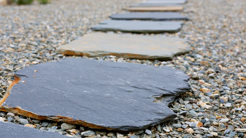 Irregular slate stepping stones arranged diagonally across a gravel garden path