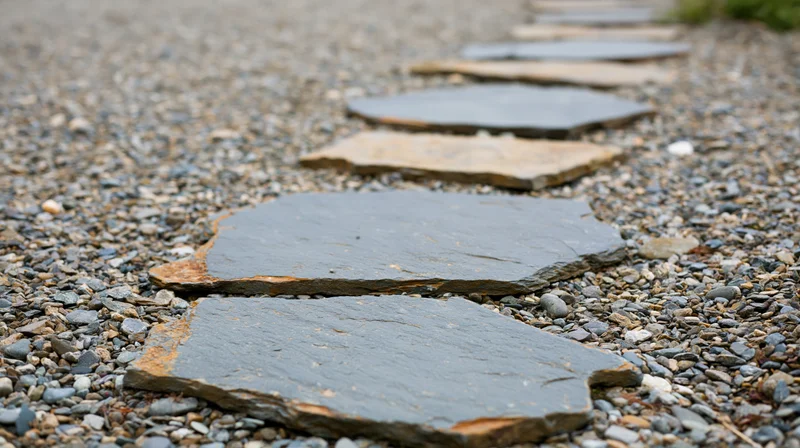 Irregular slate stepping stones arranged diagonally across a gravel garden path