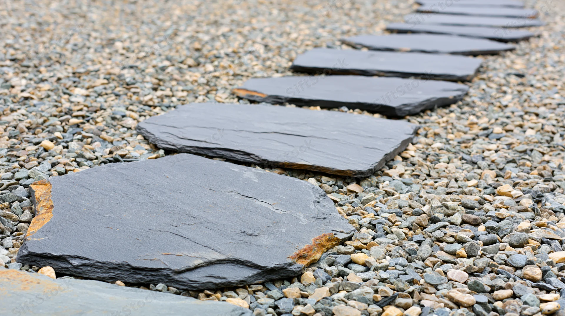 Irregular slate stepping stones arranged diagonally across a gravel garden path