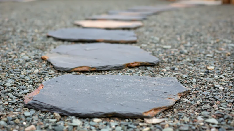 Irregular slate stepping stones arranged diagonally across a gravel garden path