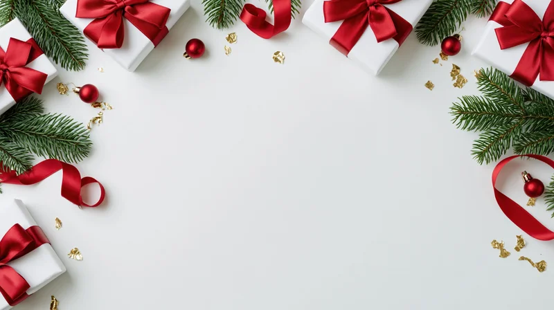 Christmas gift boxes with red ribbons and pine branches arranged in a border on white surface
