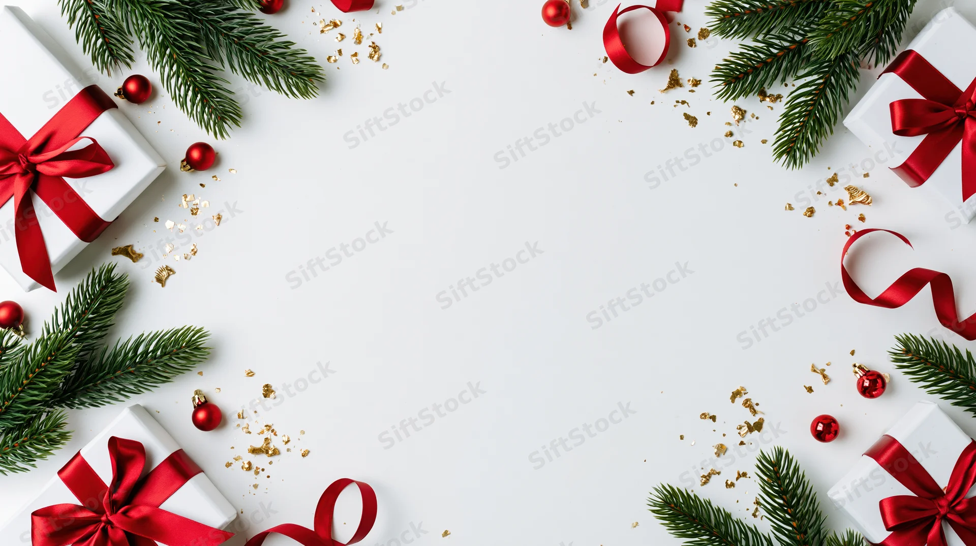 Christmas border frame with gifts, pine branches and ornaments on white surface
