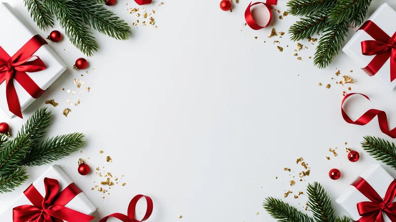 Christmas border frame with gifts, pine branches and ornaments on white surface