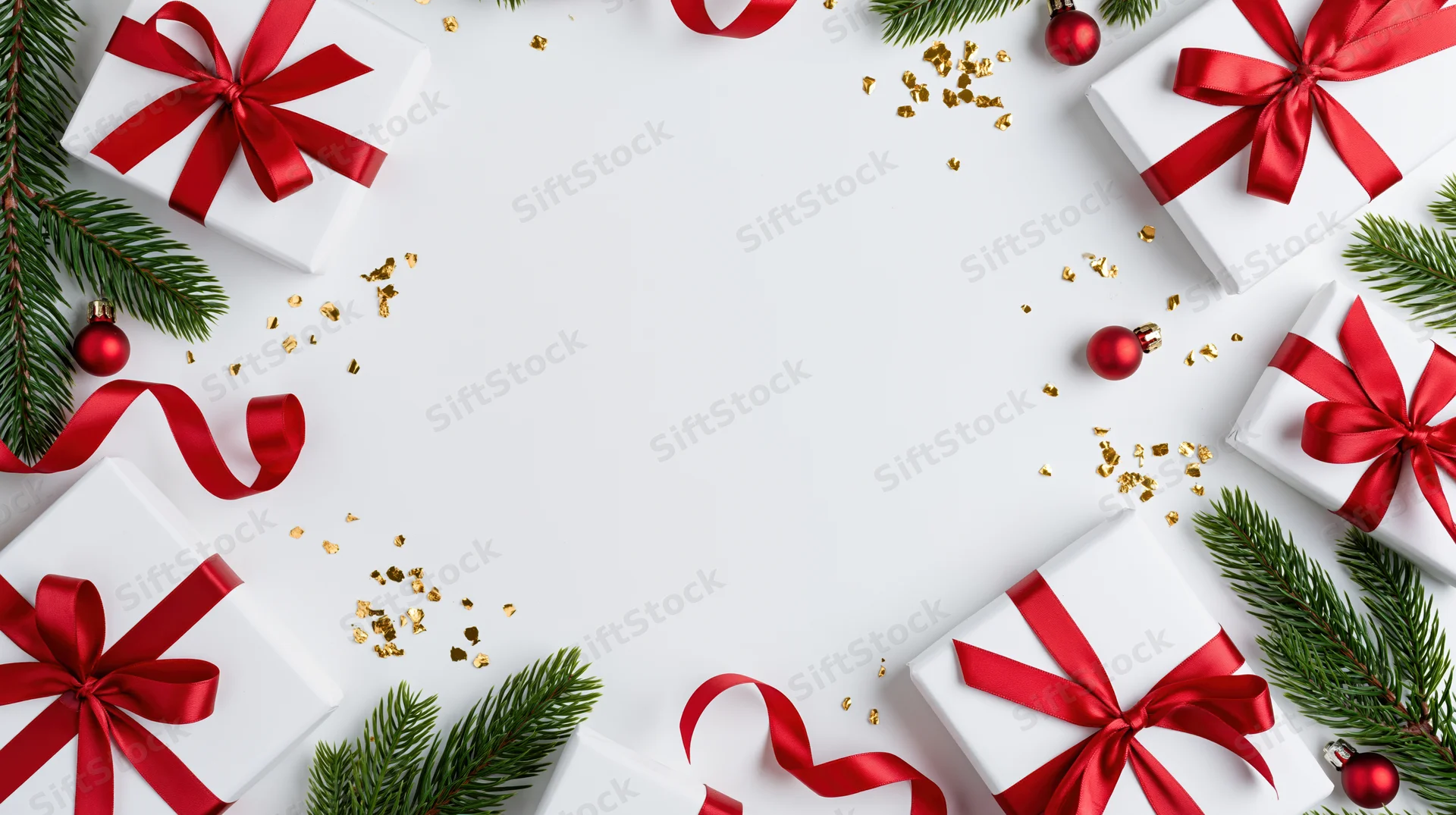 Christmas gift boxes with red ribbons and pine branches arranged in a border frame on white surface
