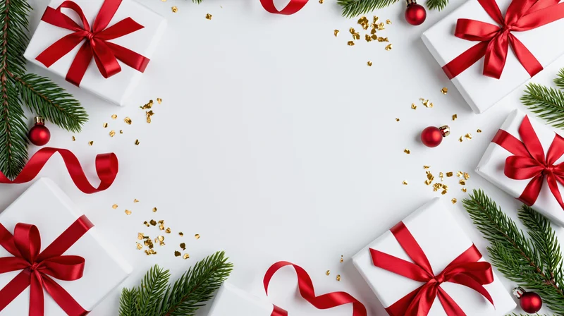 Flat lay Christmas border frame on a white surface with gifts
