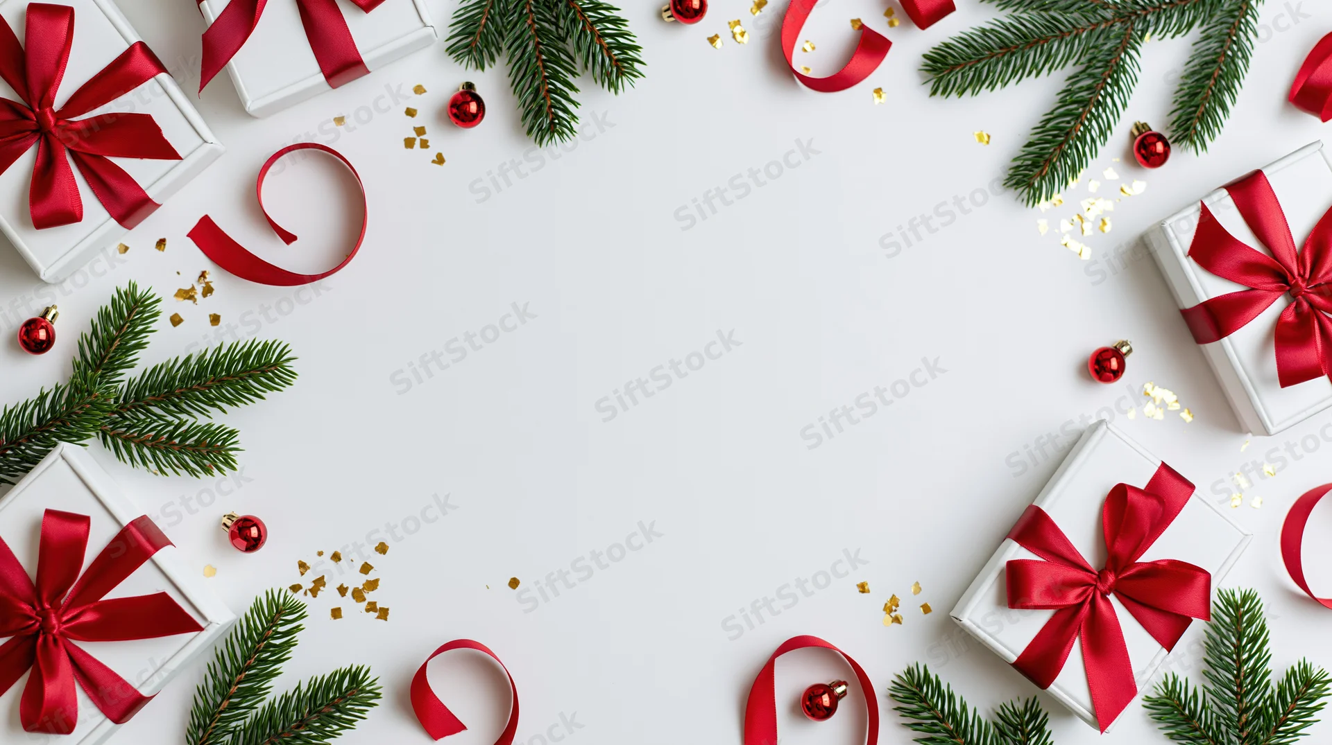 Christmas border frame with gifts, pine branches, red ribbons and ornaments on white surface