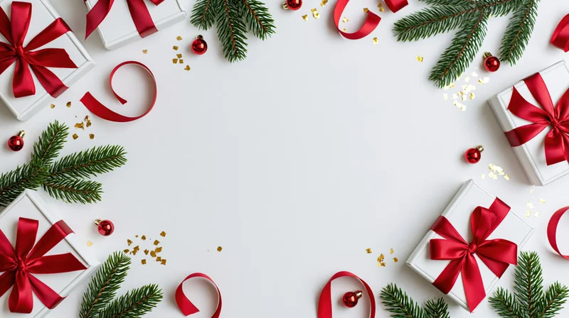 Christmas border frame with gifts, pine branches, red ribbons and ornaments on white surface