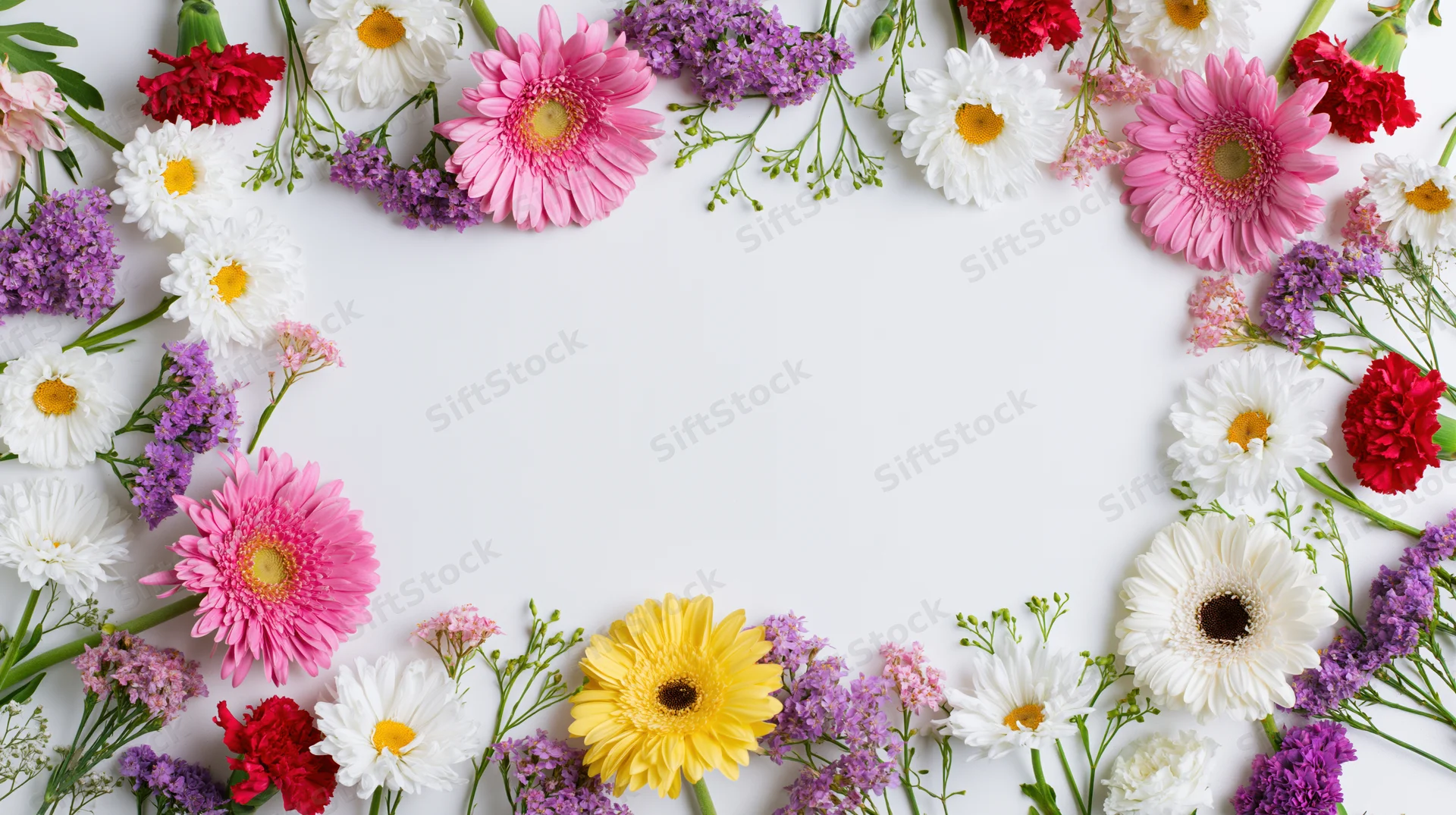 Assorted fresh-cut flowers arranged in a circular frame on white background with central copyspace