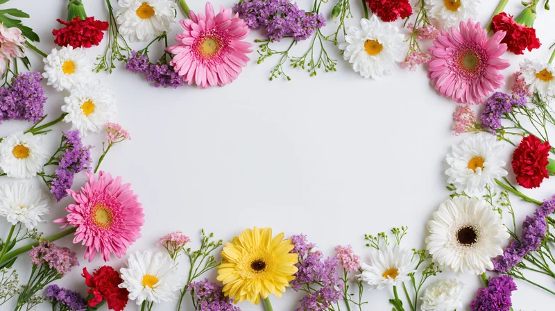 Assorted fresh-cut flowers arranged in a circular frame on white background with central copyspace
