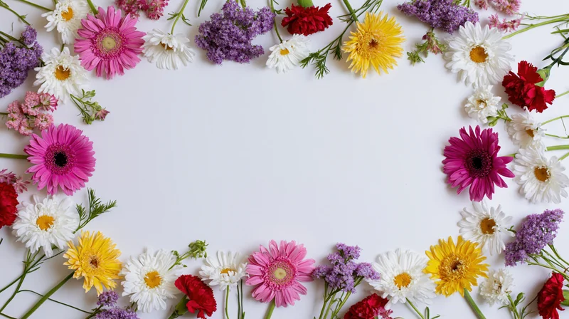 Assorted fresh-cut flowers arranged in a circular frame on white surface with copyspace in center