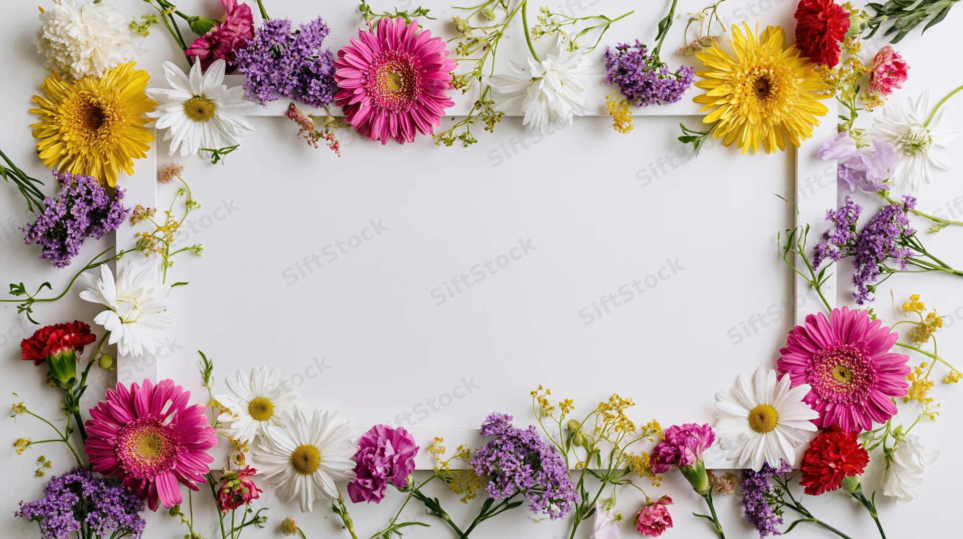Assorted fresh-cut flowers arranged in a rectangular frame on white surface with central copyspace