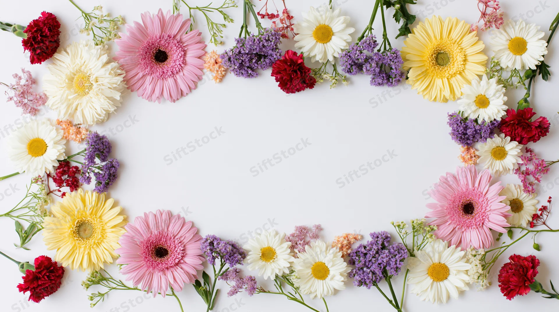 Assorted fresh-cut flowers arranged in a circular frame on white background with central copyspace