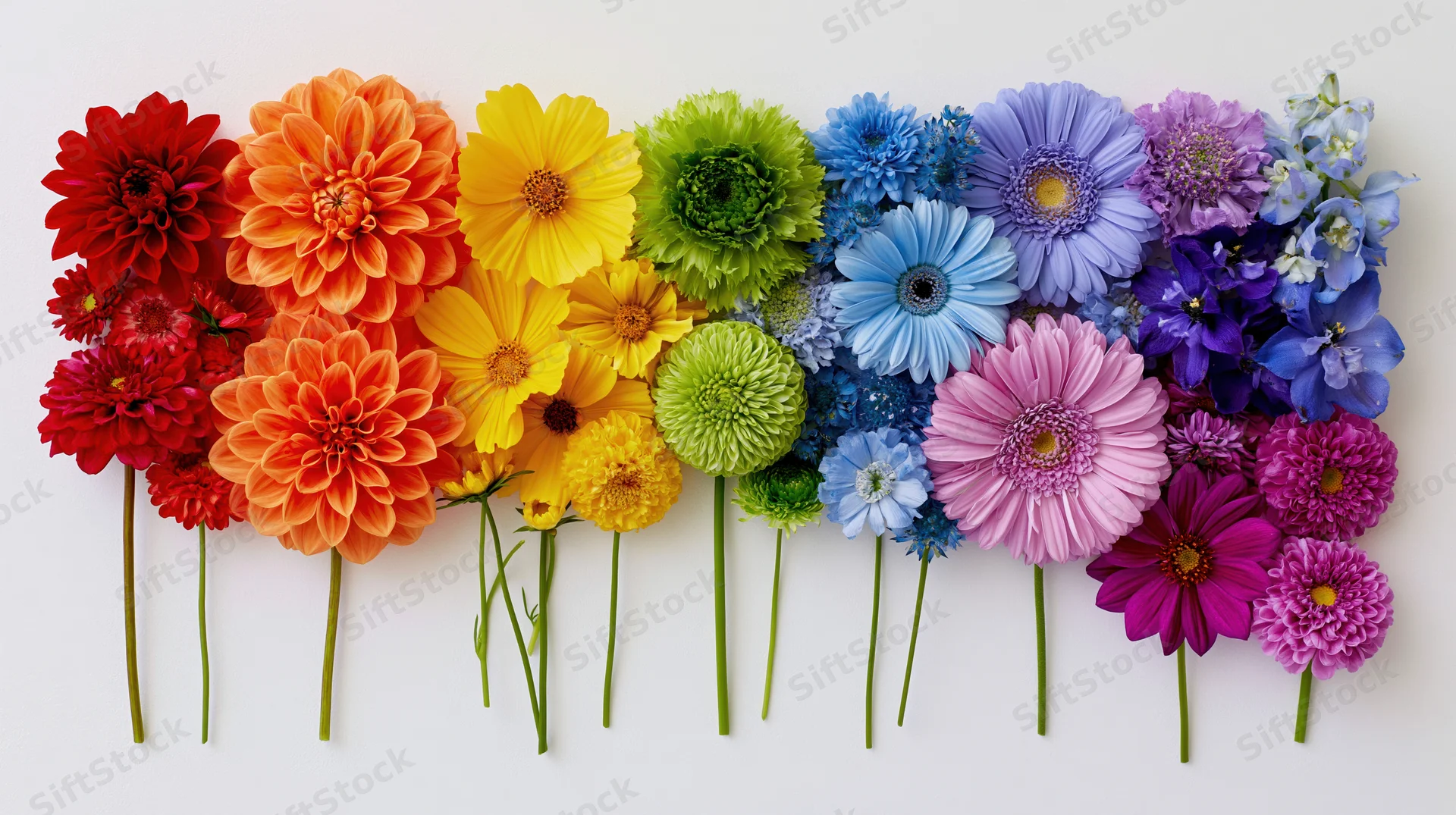 Colorful cut flowers arranged in a rainbow pattern on white background