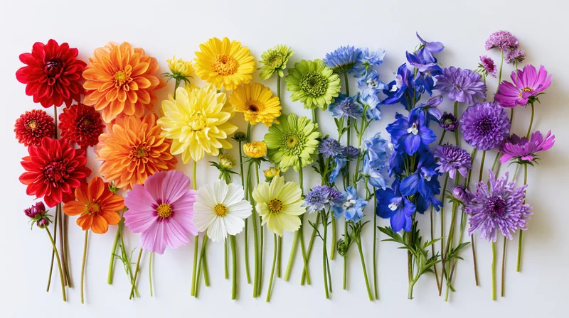 Flat lay of assorted fresh cut flowers arranged by color on white background