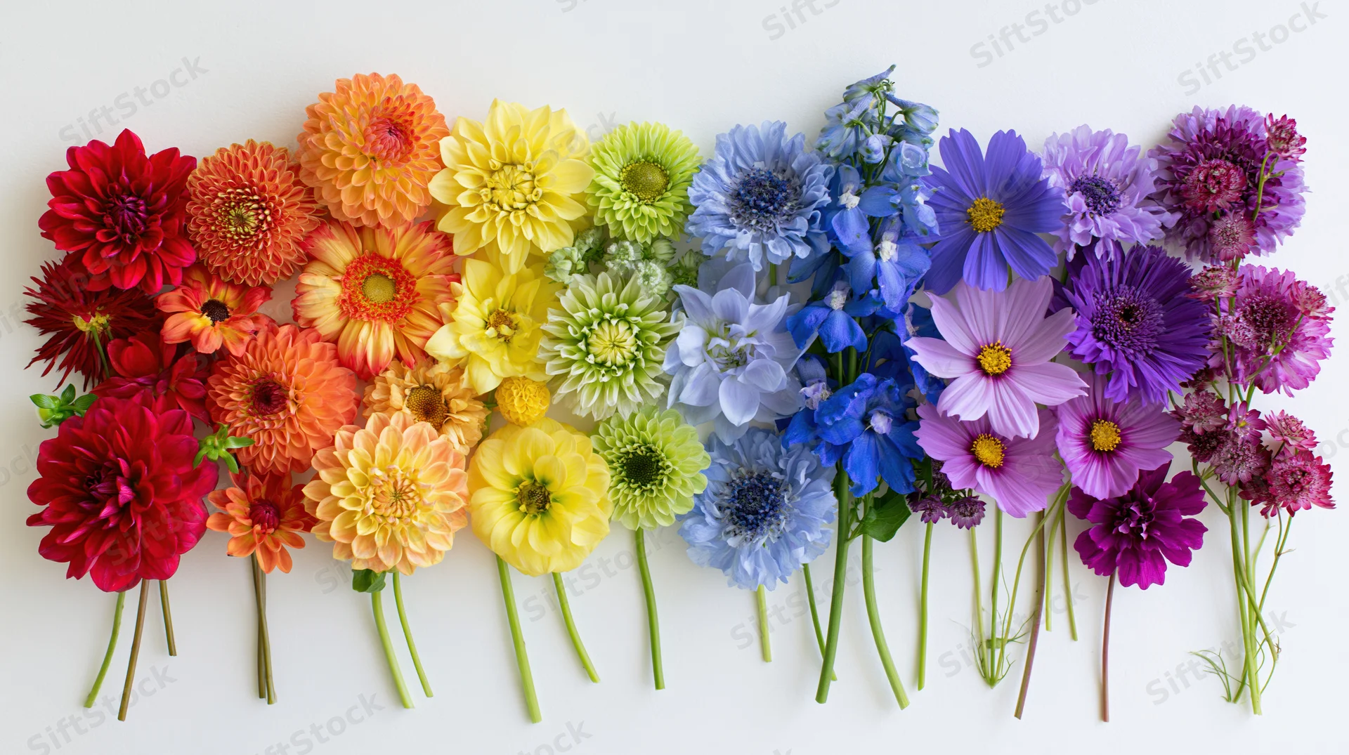 Assorted fresh cut flowers arranged in a rainbow gradient on white surface