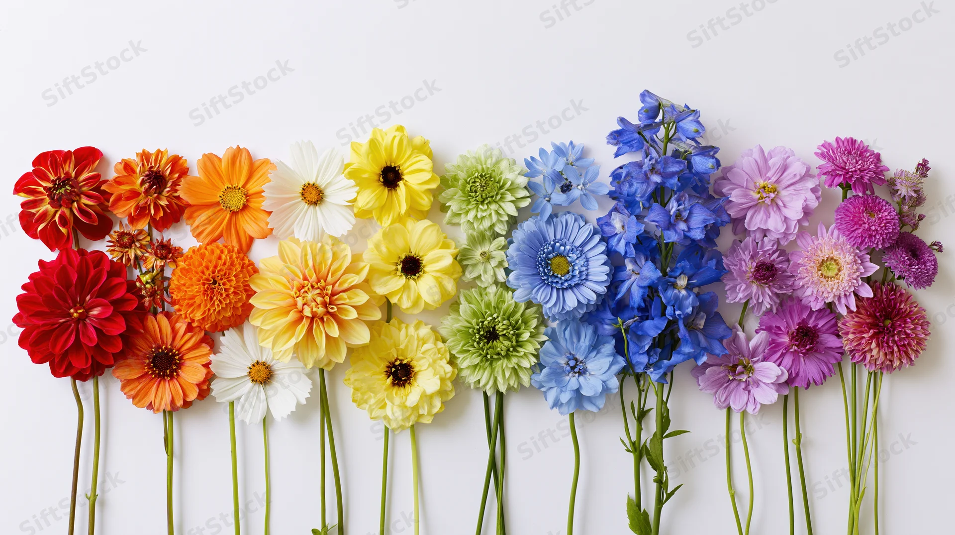 Colorful flowers arranged in a rainbow pattern on a white background