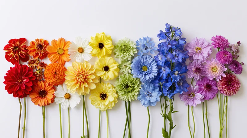 Colorful flowers arranged in a rainbow pattern on a white background