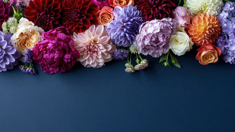 Flat lay of mixed cut flowers arranged along the top edge on dark blue surface with copyspace below