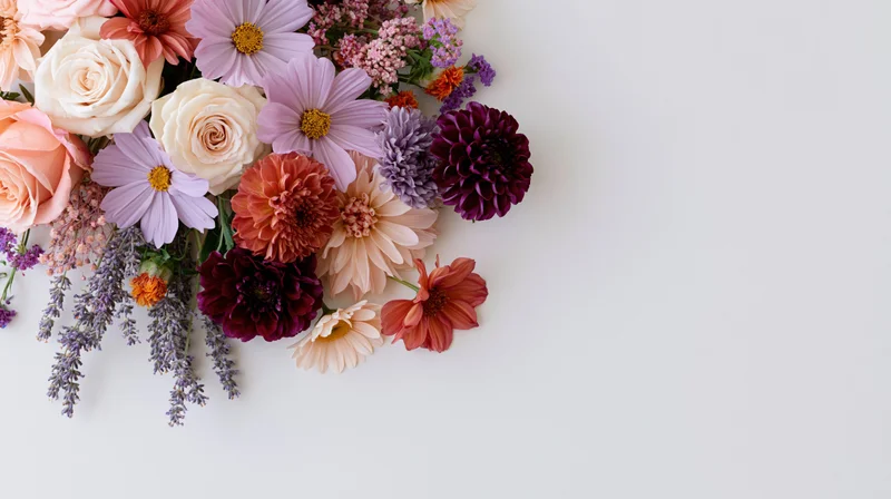 Mixed flowers arranged in a flat lay cluster on a white surface with copyspace