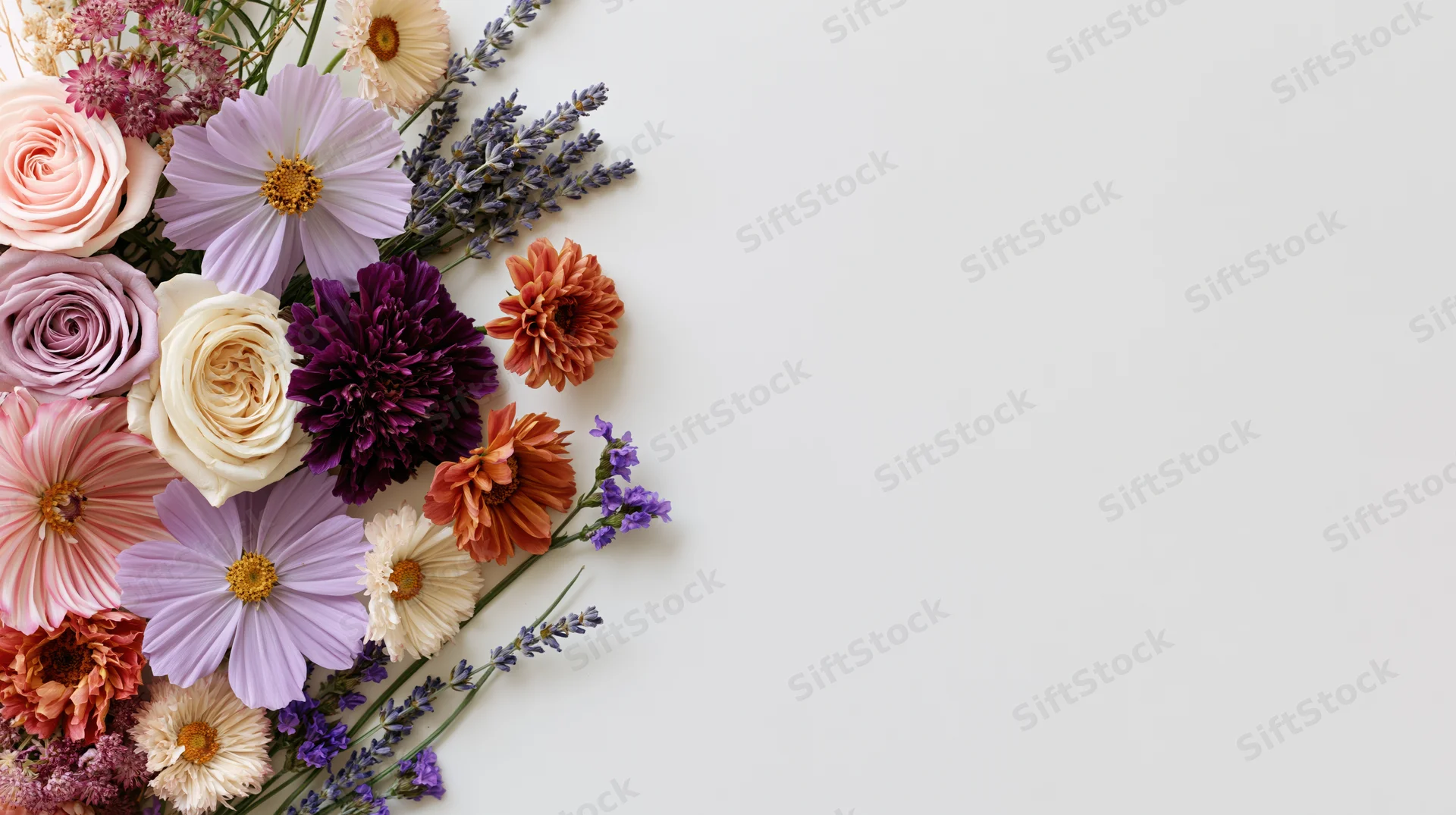 Mixed flowers arranged in a flat lay cluster on the left side of a white surface